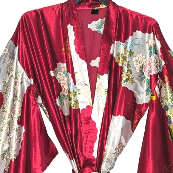 Vintage Satin Authentic Japanese Kimono Open Front Sash Tie Red White Maxi OS - Picture 4 of 13